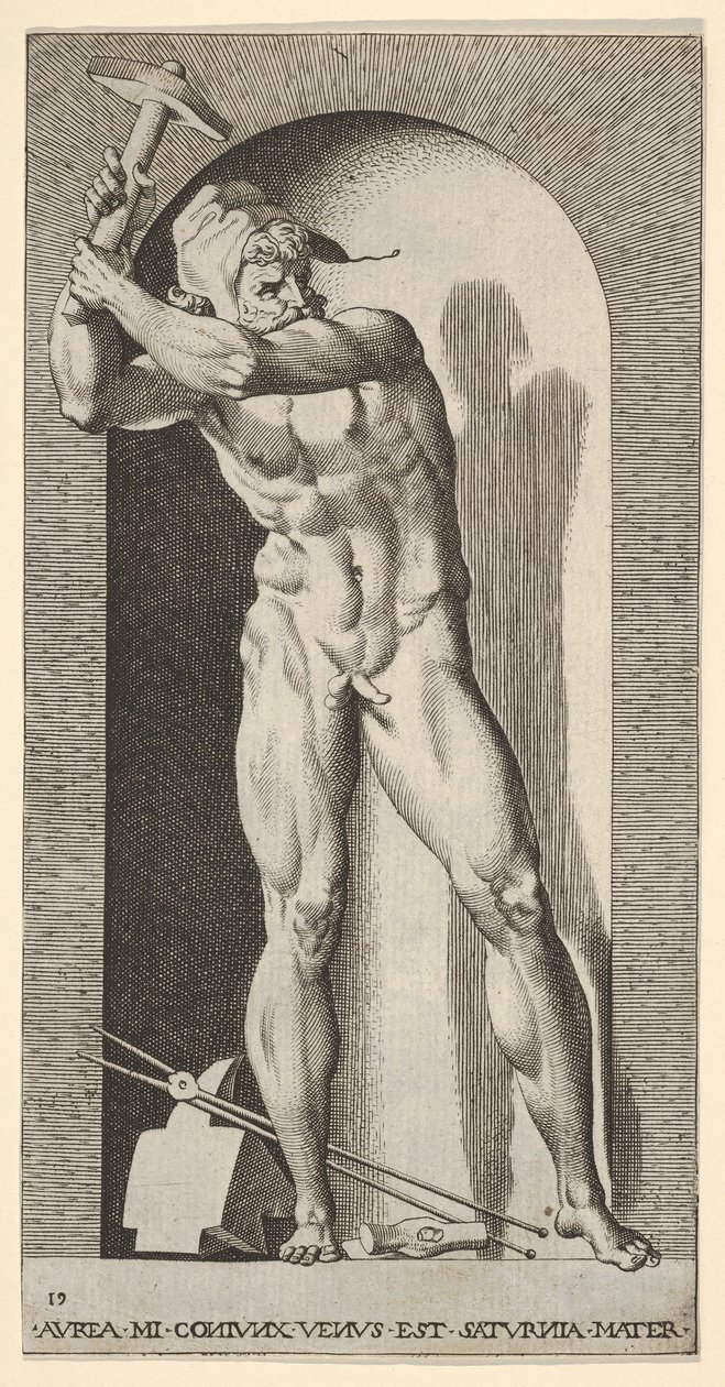 Levy 19: Vulkaani seisomassa raossa ja heiluttelee vasaraa, alasin, vasara ja pihdit..., 1526. tekijältä Giovanni Jacopo Caraglio