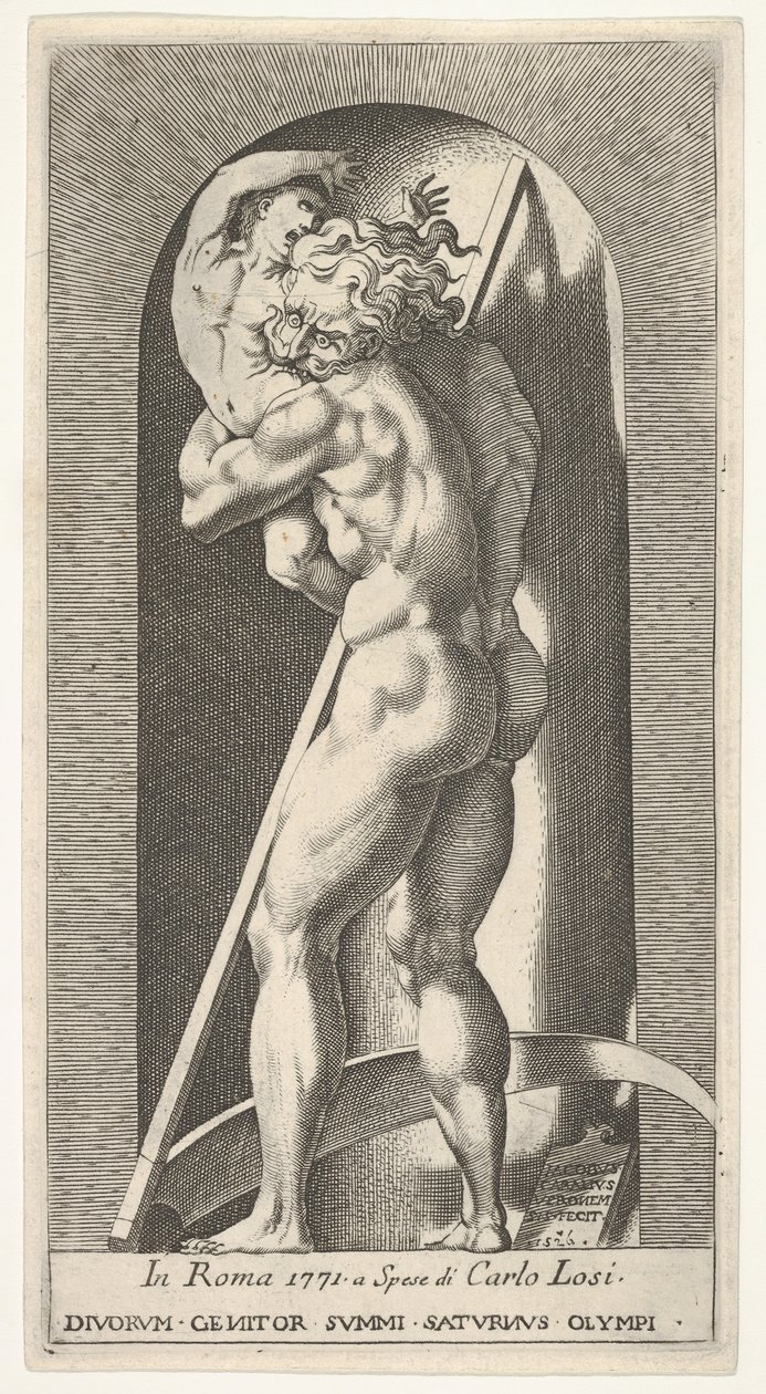 Levy 1: Saturnus nichessä, joka syö poikaansa, seisoo viikatettä, sarjasta m..., 1526. tekijältä Giovanni Jacopo Caraglio