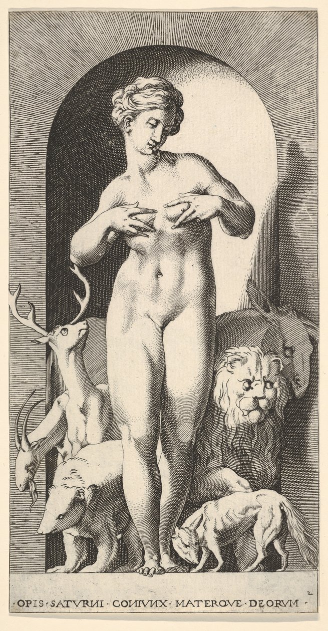 Levy 2: Operaattorit seisovat nichessä kädet rinnoillaan ja katsovat vasemmalle, ja ..., 1526. tekijältä Giovanni Jacopo Caraglio