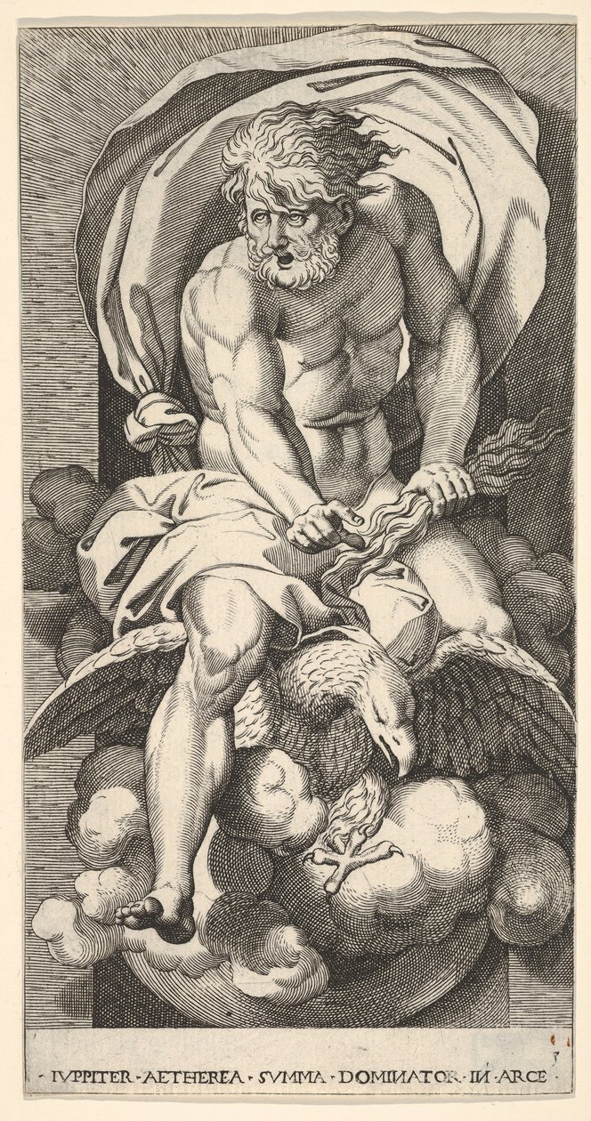 Levy 3: Jupiter nousemassa markkinaraosta, ratsastamassa kotkan päällä ja pitelemässä ukkossalmaa kädessään..., 1526. tekijältä Giovanni Jacopo Caraglio
