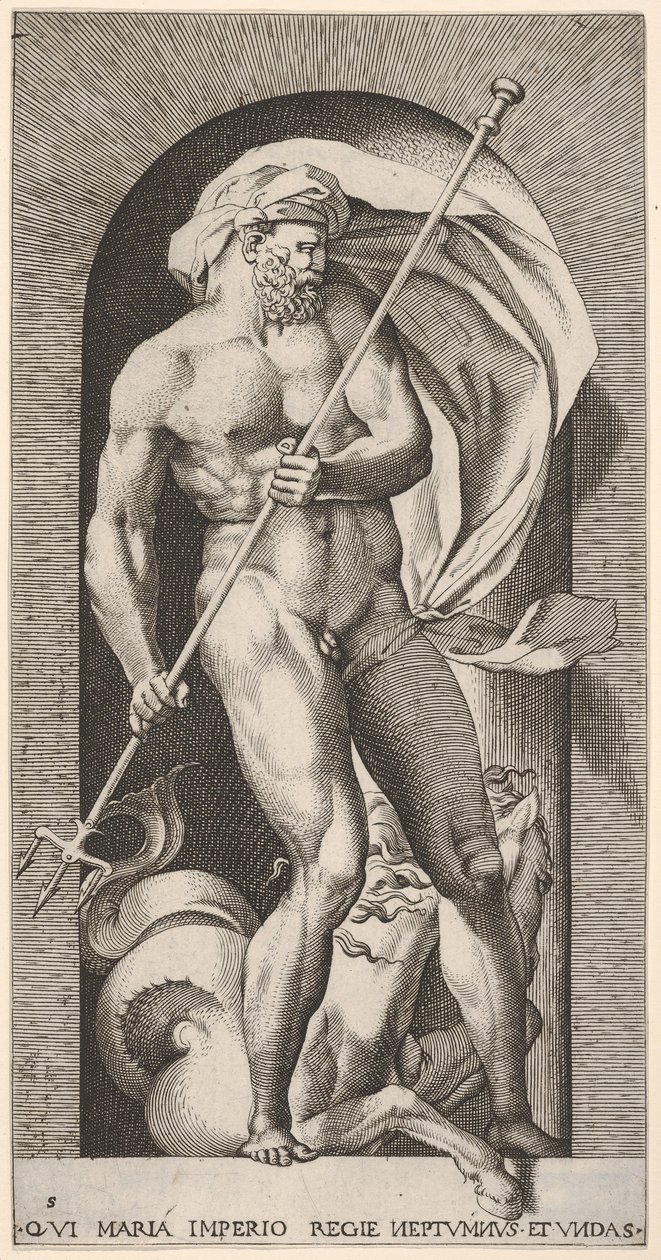 Levy 5: Neptunus seisoo syvennyksessä pitelemässä kolmioharrasta, jossa on hippokampuksen merihevonen beh..., 1526. tekijältä Giovanni Jacopo Caraglio