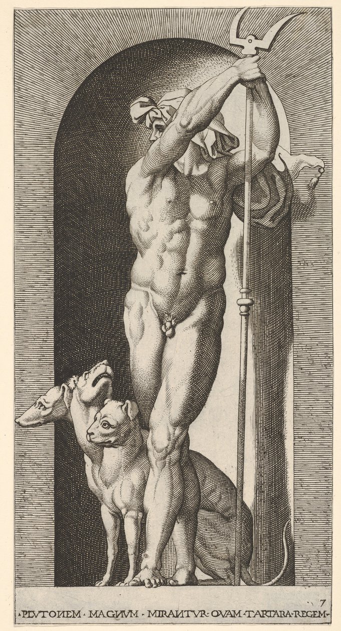 Levy 7: Pluto nichessä, kädessään bidentti, jonka vieressä on Cerberus, sarjasta m..., 1526. tekijältä Giovanni Jacopo Caraglio