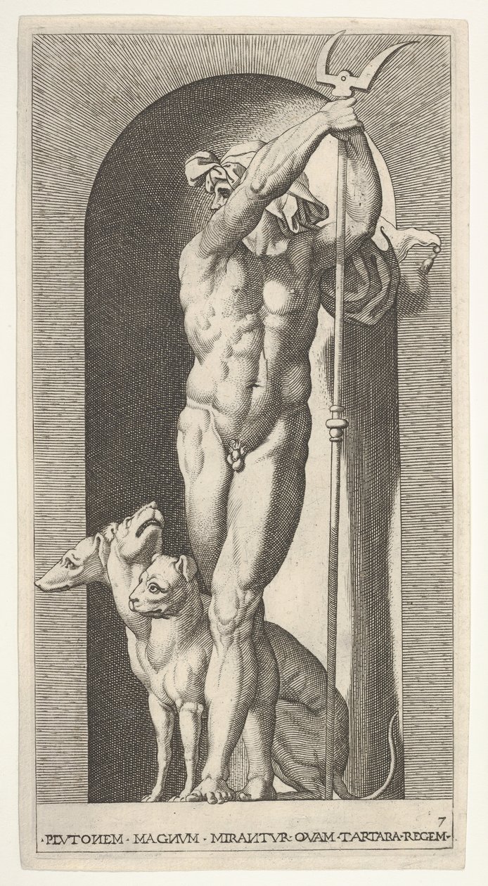 Levy 7: Pluto nichessä, kädessään bidentti, jonka vieressä on Cerberus, sarjasta m..., 1526. tekijältä Giovanni Jacopo Caraglio