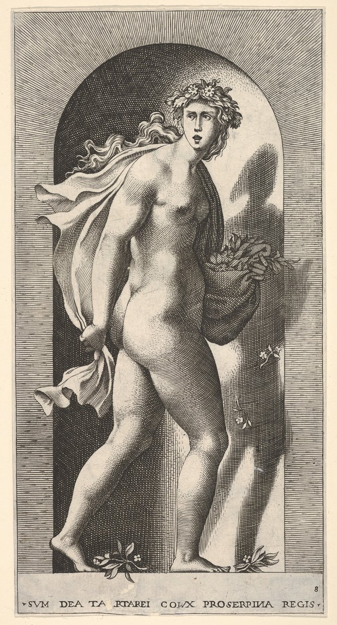 Levy 8: Prosperpina, seisoo kapealla, kääntyy oikealle pitäen vaippaa bo..., 1526. tekijältä Giovanni Jacopo Caraglio