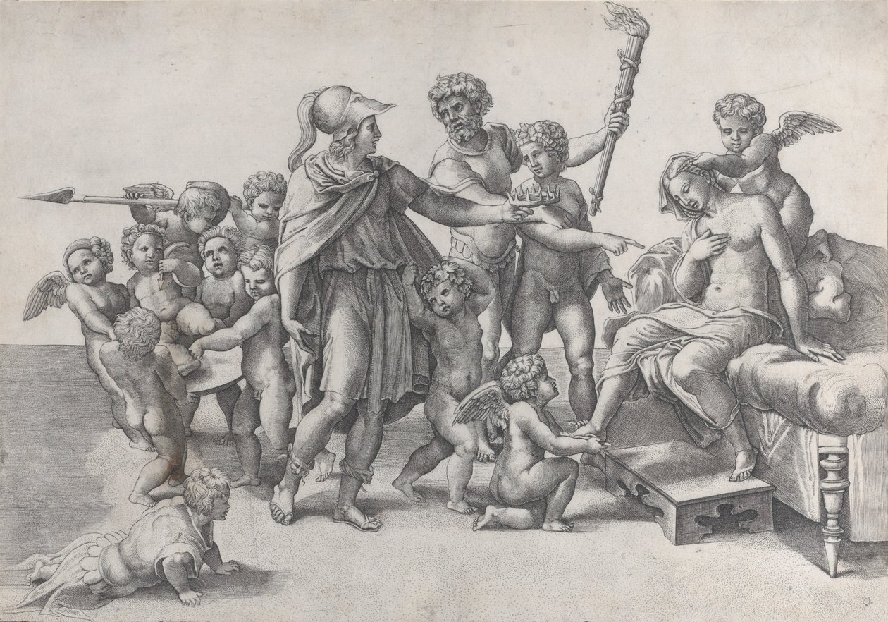 Aleksanterin ja Roxanan avioliitto, Aleksanteri putin ympäröimänä, tarjoten kruunun..., 1520-39. tekijältä Giovanni Jacopo Caraglio