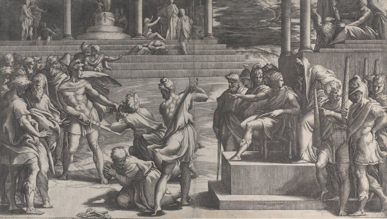 Pyhän Paavalin marttyyrikuolema ja Pyhän Pietarin tuomio, 1524-27. tekijältä Giovanni Jacopo Caraglio