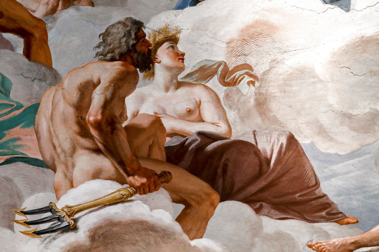 Neptunus ja Ceres. Yksityiskohta "Jumalien neuvostosta" 1624-1625. fresko tekijältä Giovanni Lanfranco