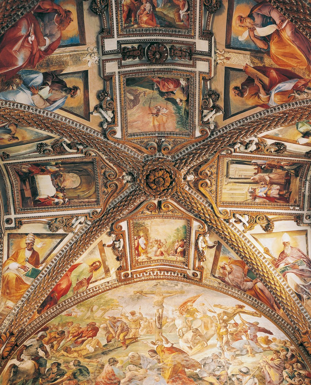 Presbyterian holvin yksityiskohta, joka kuvaa ristiinnaulitsemista, kirjoittanut Giovanni Lanfranco (1582-1647) ja kohtauksia Vanhasta ja Uudesta testamentista, kirjoittanut Giovanni Bernardino Azzolino (1572-1645), Certosa of San Martino, Napoli, Campania tekijältä Giovanni Lanfranco