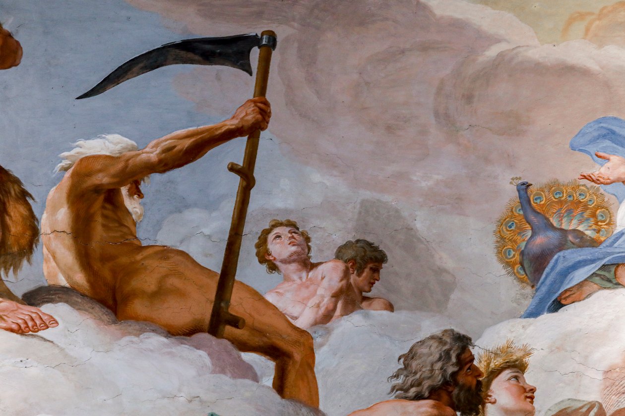 Saturnus, ajan jumala. Yksityiskohta "Jumalien neuvostosta" 1624-1625. fresko tekijältä Giovanni Lanfranco