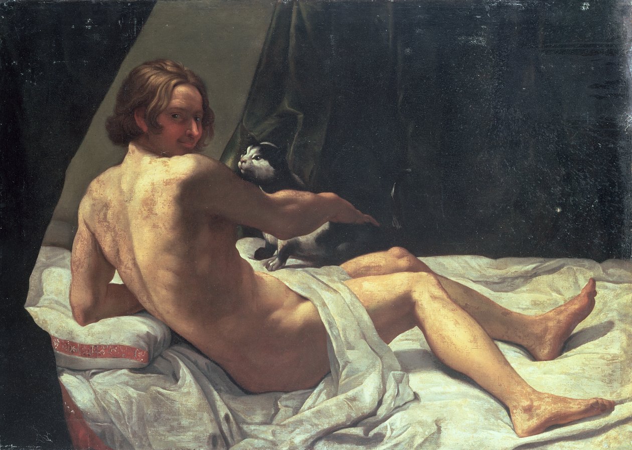 Nuori mies makaa sängyssä kissan kanssa, 1620 tekijältä Giovanni Lanfranco