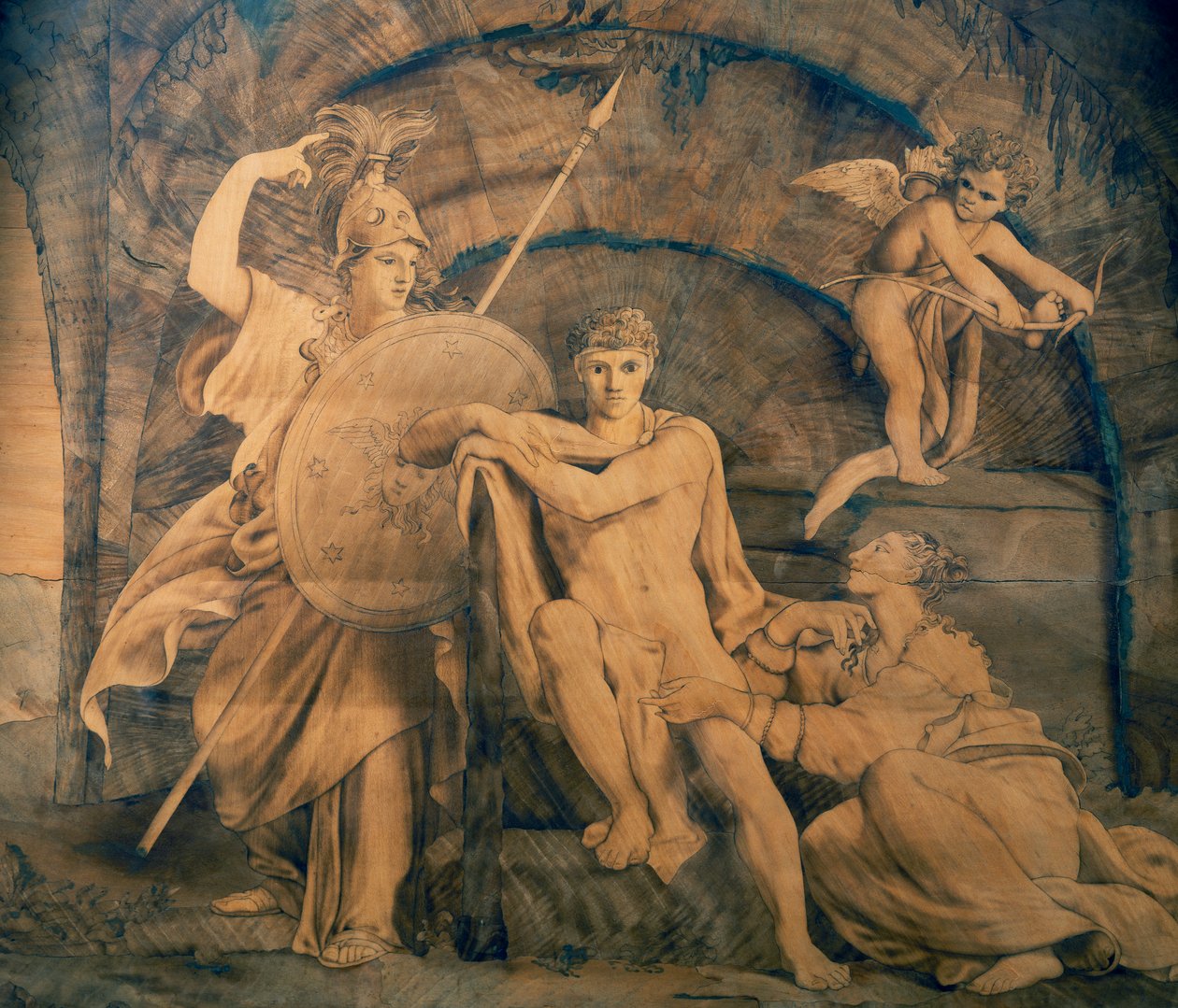 Hercules turhuuden ja kuuluisuuden risteyksessä, Giovanni Maffezzolin (1779-1818) upotekoristeiset puutyöt taidemaalari Giuseppe Diottin suunnittelemana Italiasta tekijältä Giovanni Maffezzoli