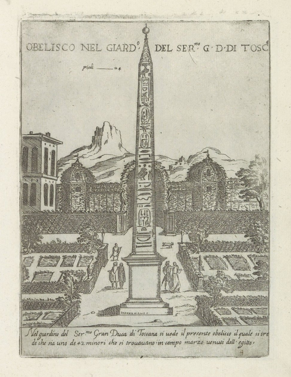 Egyptiläinen obeliski Villa Medicin puutarhassa Roomassa Obelisco nel giard.o del ser.mo G. D. Di Tosc.a (otsikko esineessä) Modernit ja muinaiset monumentit ja rakennukset Roomassa (sarjan nimi) Ornamenti di fabriche antichi et moderni dell