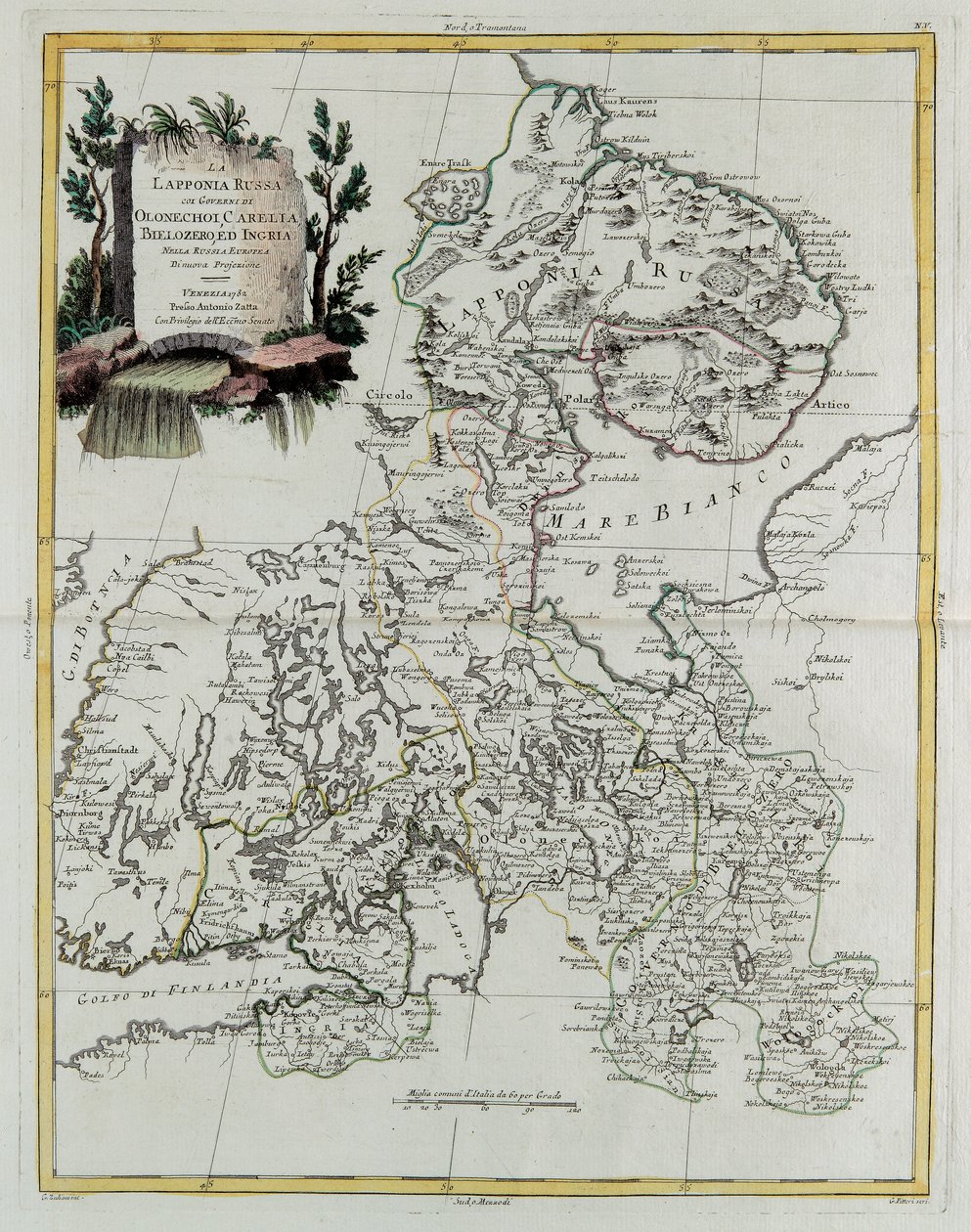 Venäjän Lappi Olonecholin, Karjalan, Bielozeron ja Inkerin hallituksineen Euroopan Venäjällä, "Uuden atlasin" Tome III:sta, kaiverrettu G. Zuliani tekijältä Giovanni Marco Pitteri