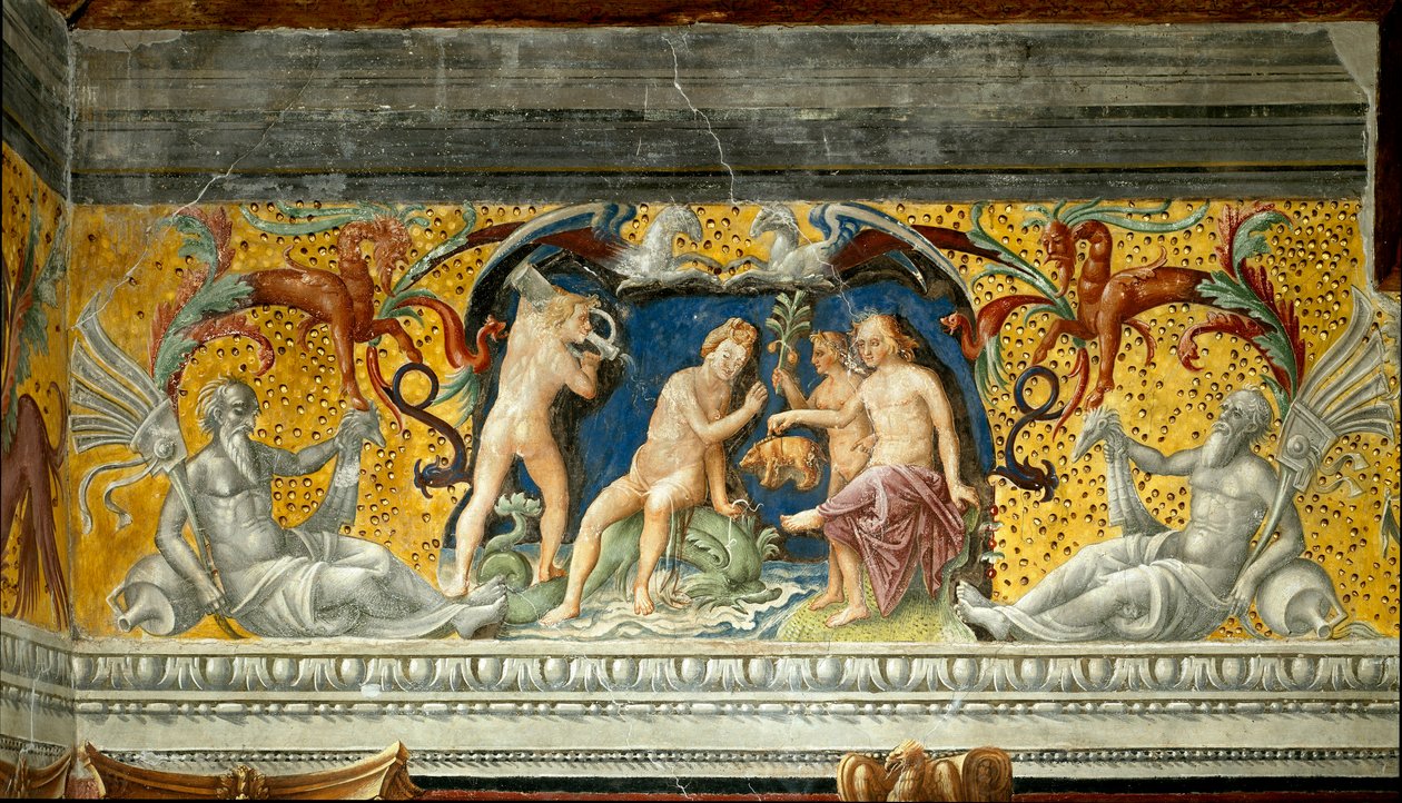 Merijumalalle tarjotaan pieni villisia Yksityiskohta Giovanni Maria Falconettolle (1468-1534) 1520 kuuluvasta friisistä Mantovan ympärillä, Palazzo d