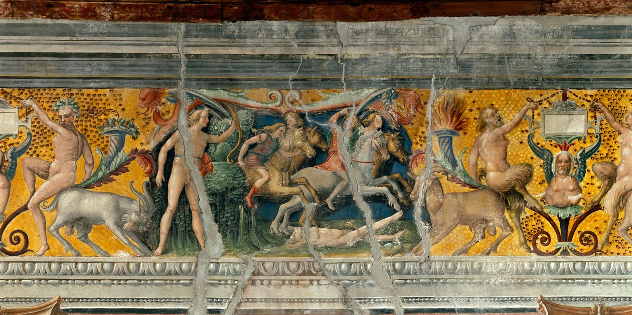 Apollo tappaa nuolilla Niobideja, Nioben poikaa Giovanni Maria Falconetton (1468-1534) friisin yksityiskohta 1520 Mantovan ympärillä, Palazzo d
