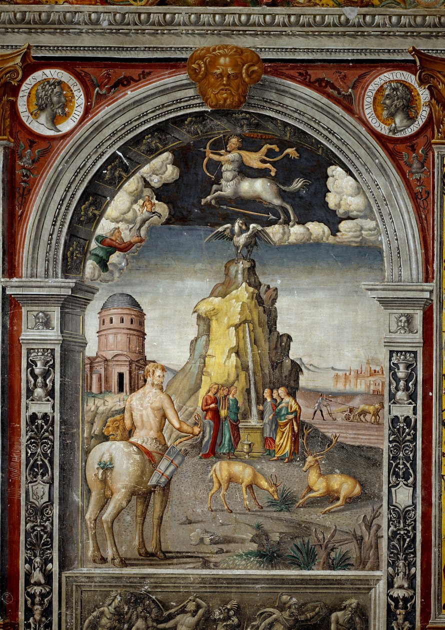 Horoskooppimerkki: "" The Sagittarius"" Päällä medaljongit keisarien Didius Julianuksen ja Commoduksen muotokuvilla. Alla legenda, joka liittyy merkkiä vastaavan tähdistön syntymiseen: näkymä Helicon-vuorelle suihkulähteineen Aganippe a tekijältä Giovanni Maria Falconetto