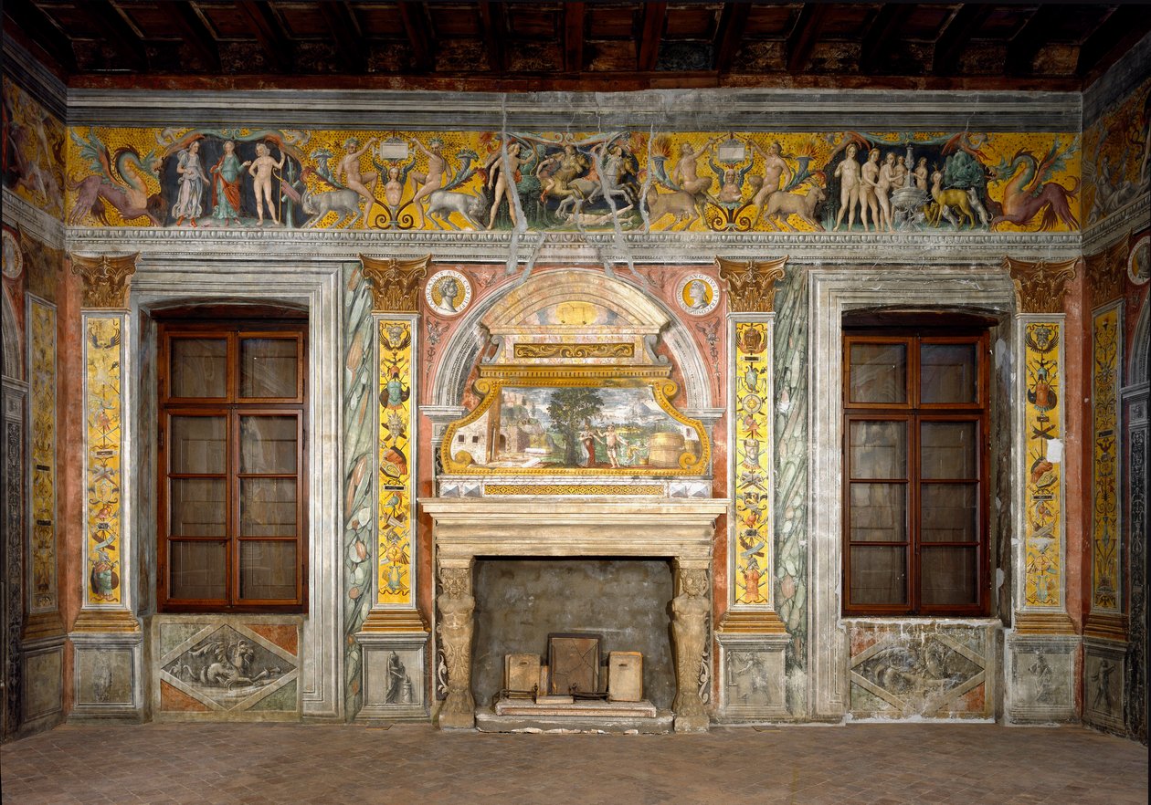 Horoskooppimerkki: "" Tasapaino""" Päällä medaljongit keisarit Hadrianuksen ja Antonin hurskaan muotokuvilla. Fresko on huonontunut. Giovanni Maria Falconettolle (1468-1534) kuuluva fresko 1520 Mantovan ympäristössä, Palazzo d