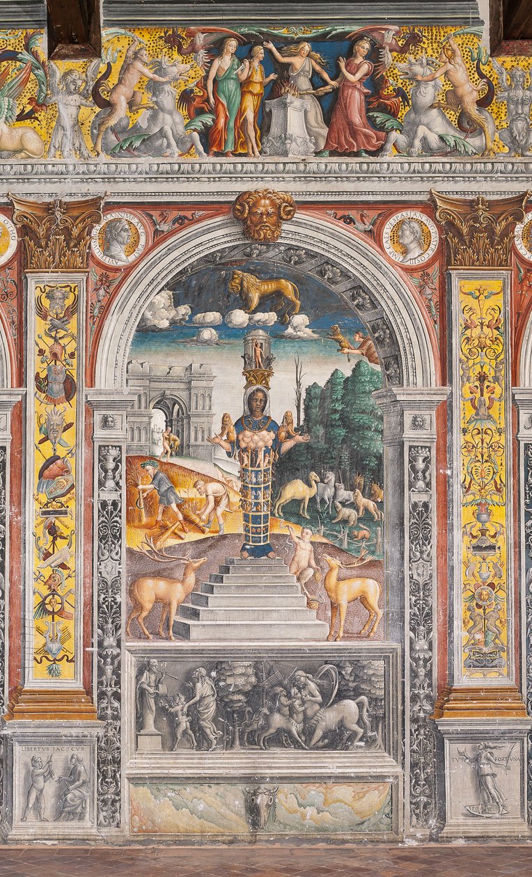 Leijonan astrologinen merkki Dianan, kahden peuran ja satyyrin kanssa kuin sarkofagilla Bleinhaim Palacissa; taustalla Arco degli Argentari Roomassa ja Hercules kamppailemassa Nemean leijonaa vastaan, eläinradan kammio (Camera dello Zodiaco) tekijältä Giovanni Maria Falconetto