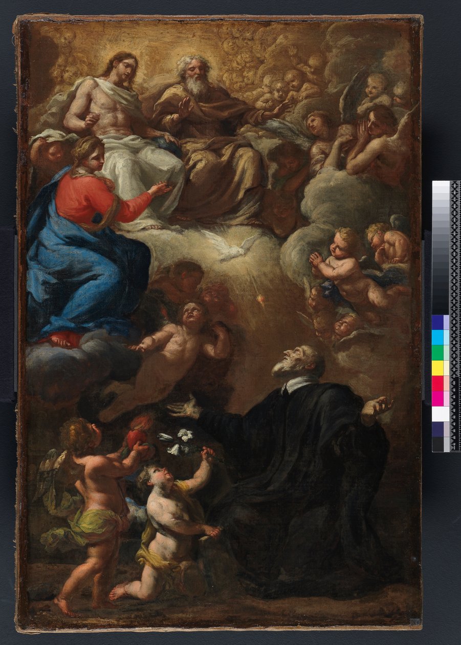 Pyhän Philip Nerin visio. Malli "Pyhän Philip Nerin näylle" San Giovannin kastekappelissa (Siena) tekijältä Giovanni Maria Morandi