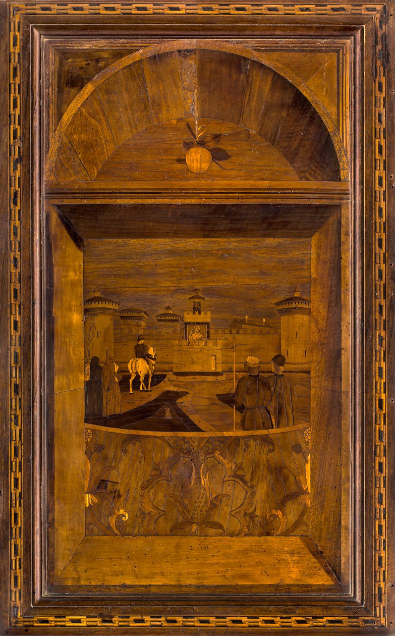 Lignaean Canonical Choir, upotekoriste Giovanni Maria Platina 1484, Superior Stallo, Näkymä Milanon Sforzescon linnalle tekijältä Giovanni Maria Platina