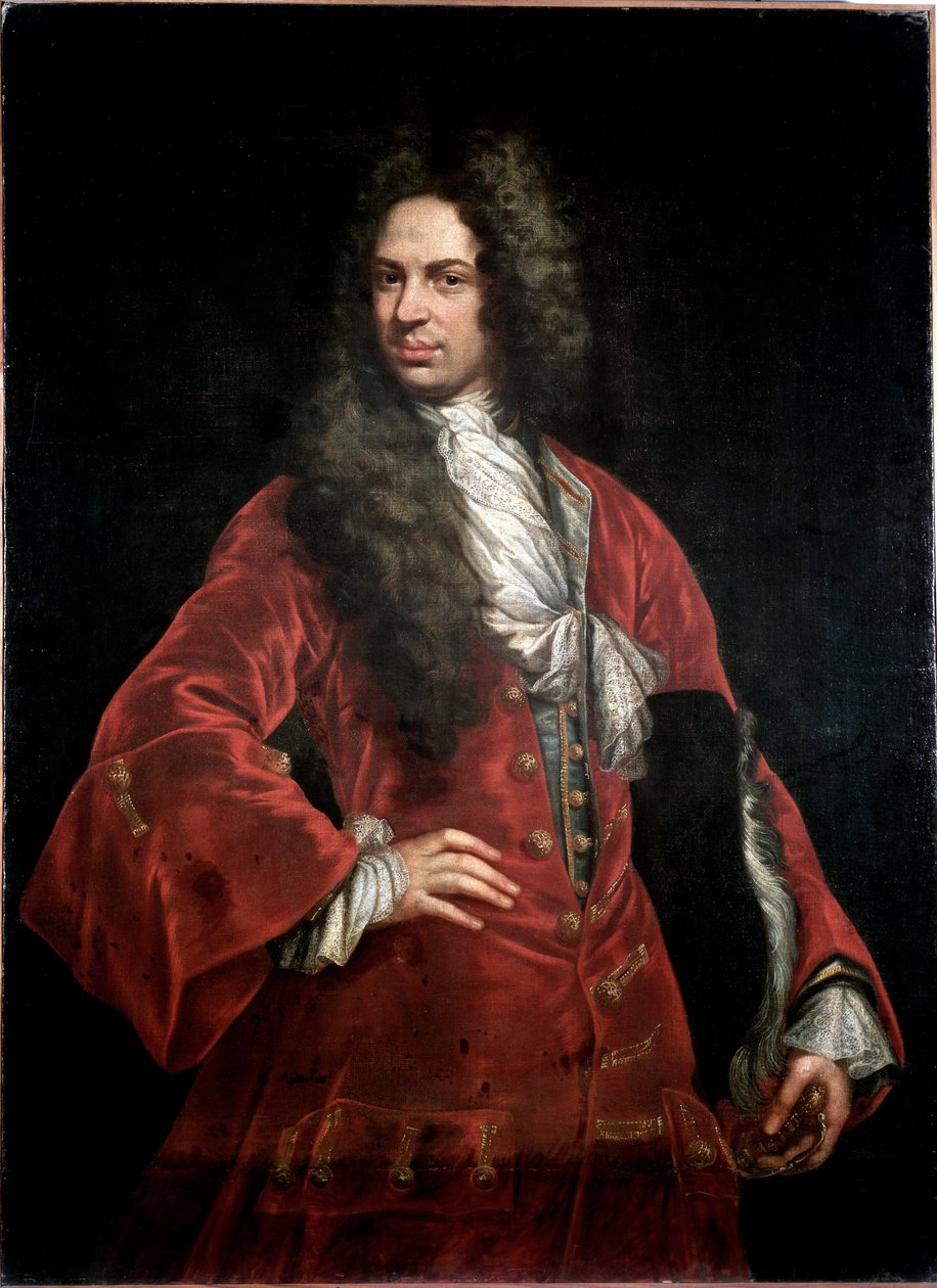 Muotokuva herrasmiehestä punaisessa puvussa Giovanni Maria Delle Pianen maalaus dit il Mulinaretto (1660-1745) Koko 132x97 cm Genes Musei di Strada Nuova (ex Palazzo Bianco) tekijältä Giovanni Maria delle called Mulinaretto Piane