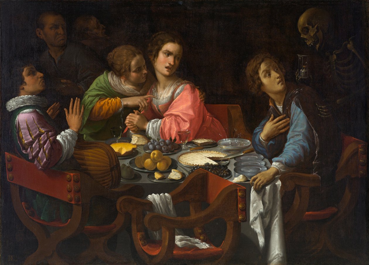 Memento Mori: Kuolema tulee pöytään, noin 1630-1638 (öljy kankaalle) tekijältä Giovanni Martinelli