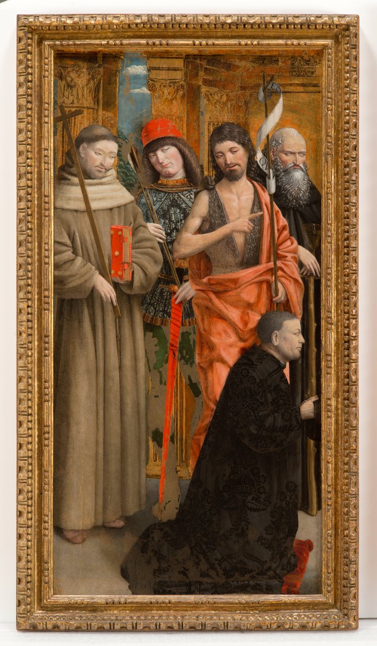 Pyhät Franciscus Assisilainen, Sebastian, Johannes Kastaja, Anthony Abbot lahjoittajan kanssa tekijältä Giovanni Martino Spanzotti