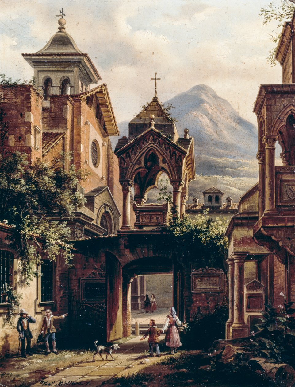Muinaisen luostarin ulkokuori henkilöineen, kirjoittanut Giovanni Migliara (1785-1837) (allekirjoitettu Teodolinda Migliara), öljy levylle tekijältä Giovanni Migliara