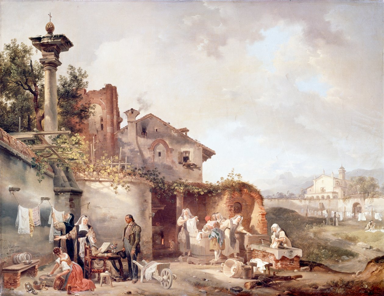 Nunnaluosterin pesutupa, Giovanni Migliara (1785-1837), öljy kankaalle, 72x55,5 cm tekijältä Giovanni Migliara