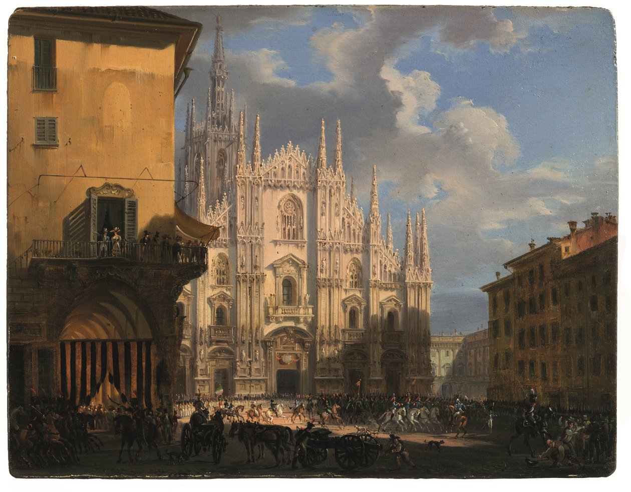 Näkymä Piazza Duomolle, jossa on katettu dei Figini ja Isolate del Rebecchino, Milano (öljy paneelissa) tekijältä Giovanni Migliara