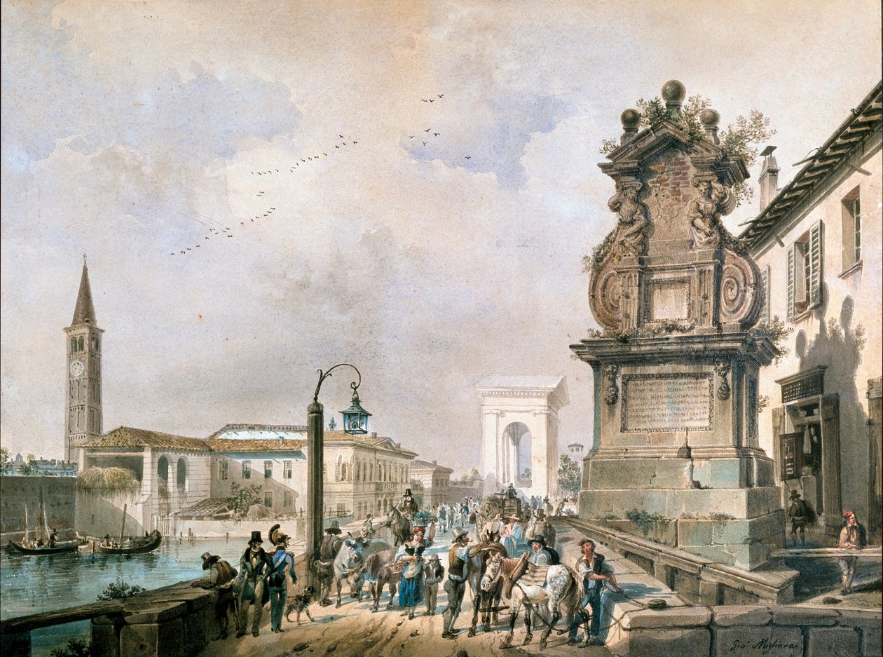 Näkymä Trofeon sillalle naviglio Pavesen yli, Milano (akvarelli tekijältä Giovanni Migliara