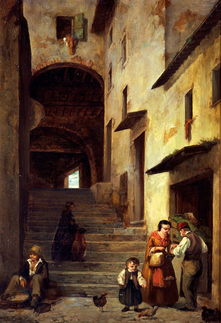 Näkymä kadulle Sestri Levantessa, Genovan Rivieralla, noin 1863, kirjoittanut Giovanni Mochi (1829-1893), öljy kankaalle, 40x30 cm. tekijältä Giovanni Mochi