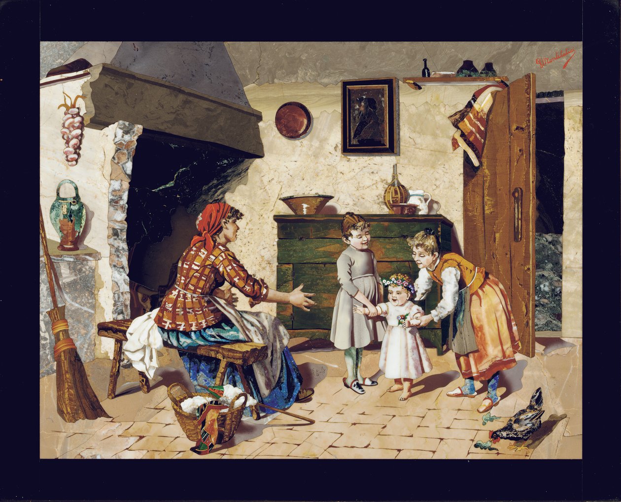 Kuvalevy, joka esittää mökin sisustuskohtausta, jossa äiti, kaksi nuorta tyttöä ja vauva ottavat ensimmäisiä askeleita, Firenze, n. 1900-1910 (pietra dura) tekijältä Giovanni Montelatici