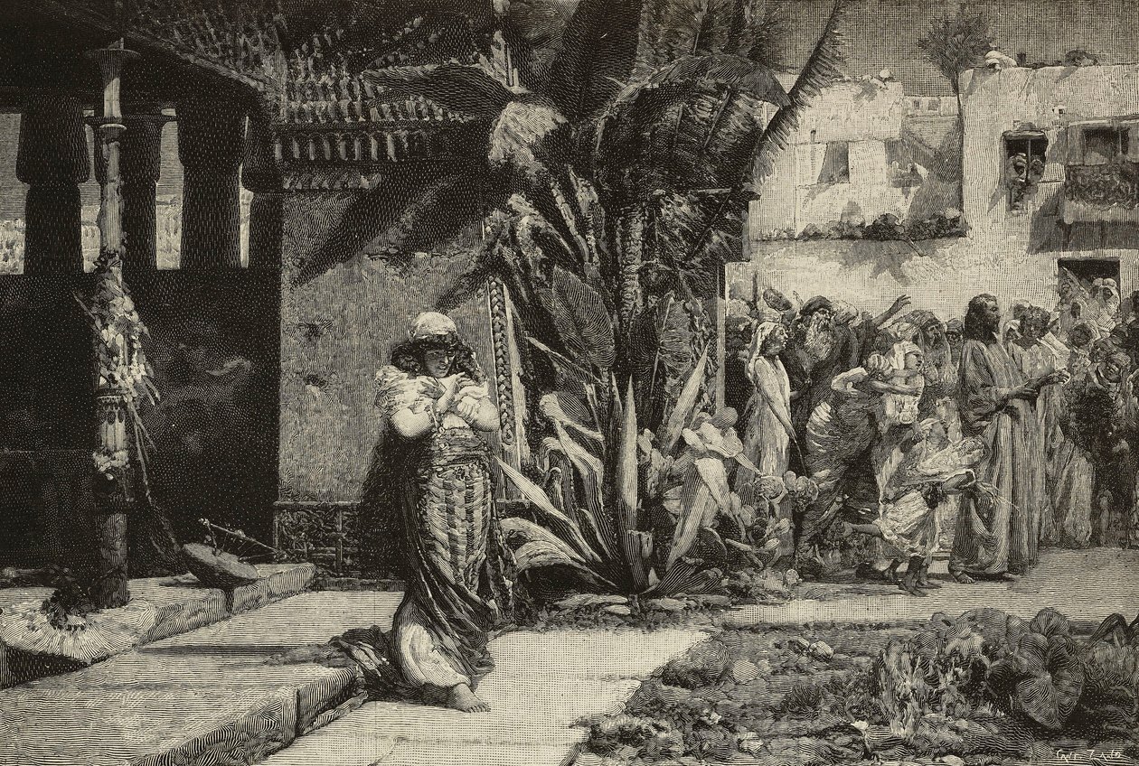 Magdalena, nainen turbaanilla ja kulkue Lähi-idän kylässä, Cantagallin veljien kaiverrus Giovanni Muzziolin (1854-1894) maalauksesta, Modena, Italia L