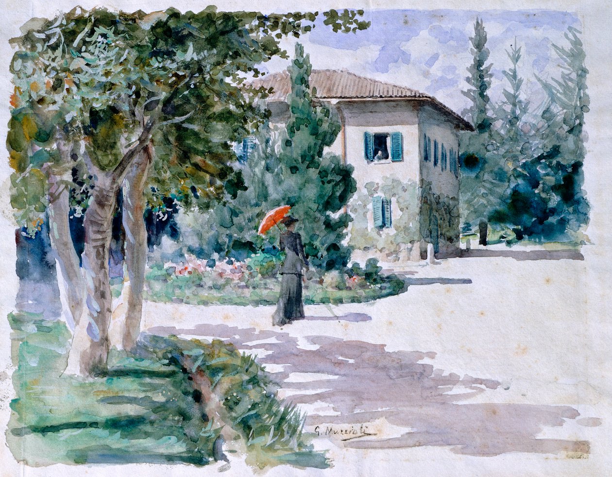 Giovanni Muzziolin (1854-1894) punainen sateenvarjo, akvarelli vaalealle paperille, 305x392 mm tekijältä Giovanni Muzzioli