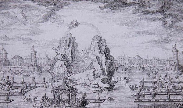 Ilotulitus Dauphinin syntymän (Ludvix XV:n pojan) kunniaksi, kaiverrus Jean Dumont (Le Romain) (1701-81) 1730 (etsaus) tekijältä Giovanni Niccolo (after) Servandoni