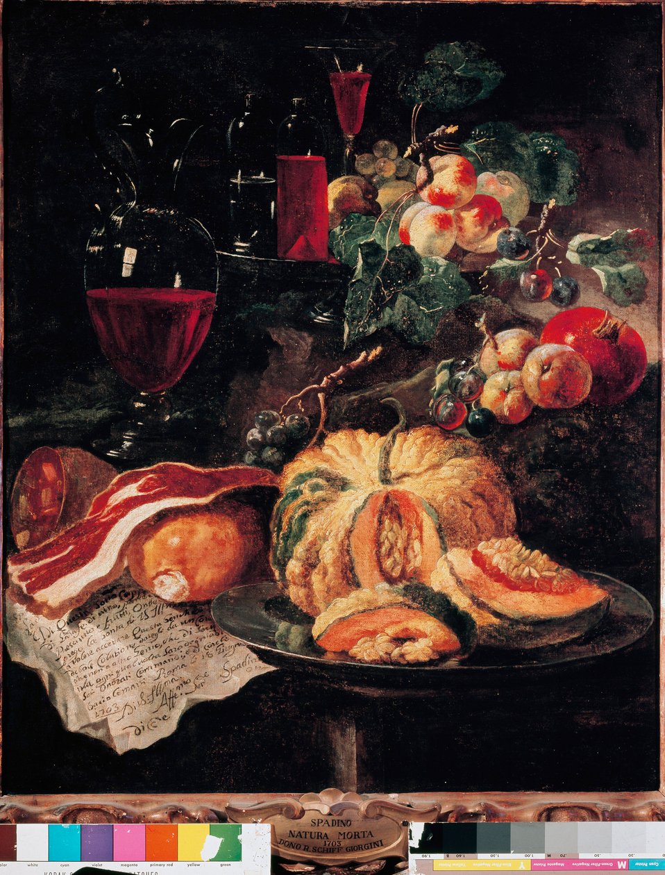 Asetelma Kurpitsa, pekoni, kinkku, persikat ja viini. Giovan Paolo Castellin maalaus dit Lo Spadino (1659-1730) 1703 Rooma, Conservatori capitolini -museo tekijältä Giovanni Paolo Castelli