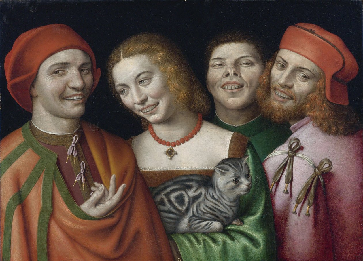 ""Muotokuva kolmesta miehestä ja naisesta pitelemässä kissaa"" (Kolme miestä ja nainen pitelee kissaa) Giovanni Paolo Lomazzon maalaus (1538-1600) Yksityinen kokoelma tekijältä Giovanni Paolo Lomazzo