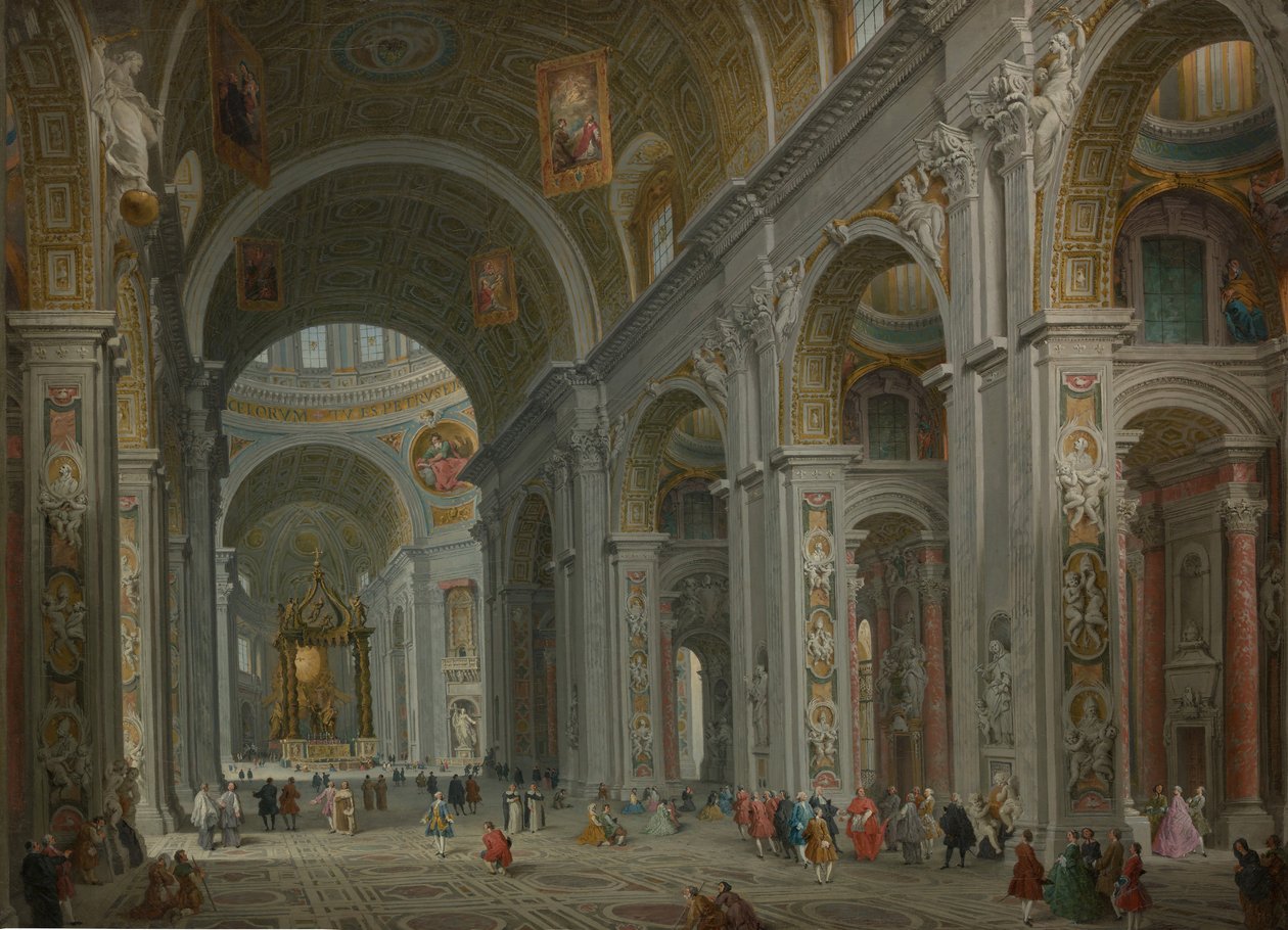 Pyhän Pietarin sisätilat, Rooma, vuoden 1754 jälkeen. tekijältä Giovanni Paolo Panini