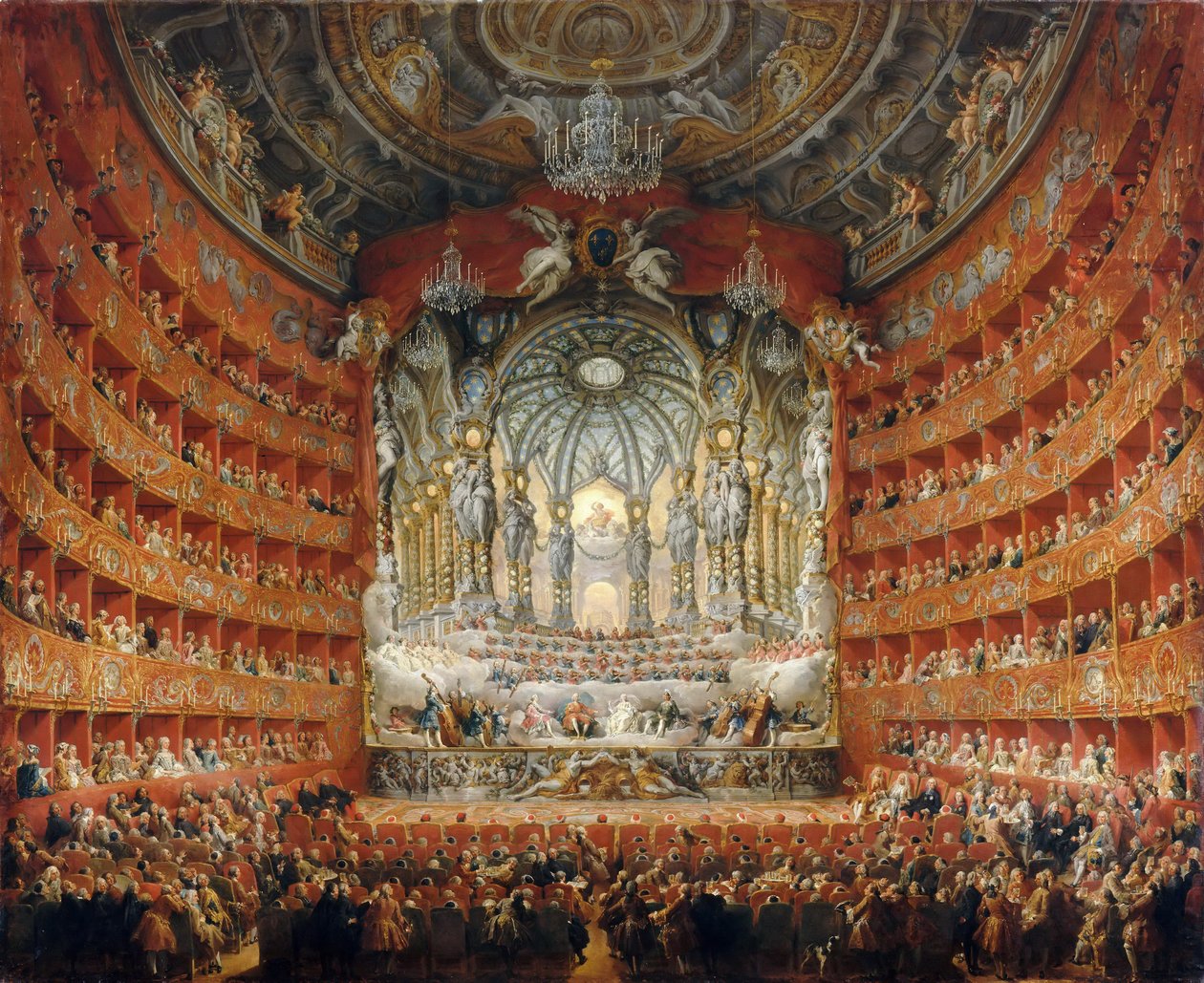 Kardinaali de La Rochefoucauld piti musiikilliset juhlat Teatro Argentinassa Roomassa vuonna 1747 tekijältä Giovanni Paolo Pannini