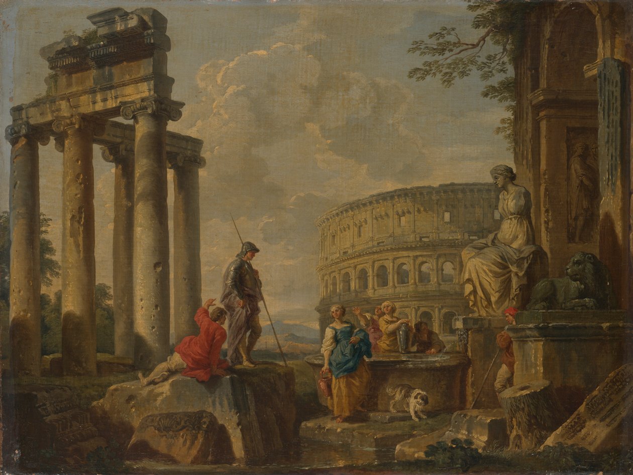 Colosseum roomalaisten raunioiden keskellä tekijältä Giovanni Paolo Panini