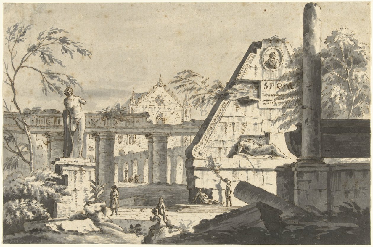 Maisema muinaisten rakennusten ja patsaiden raunioilla tekijältä Giovanni Paolo Pannini (possibly)