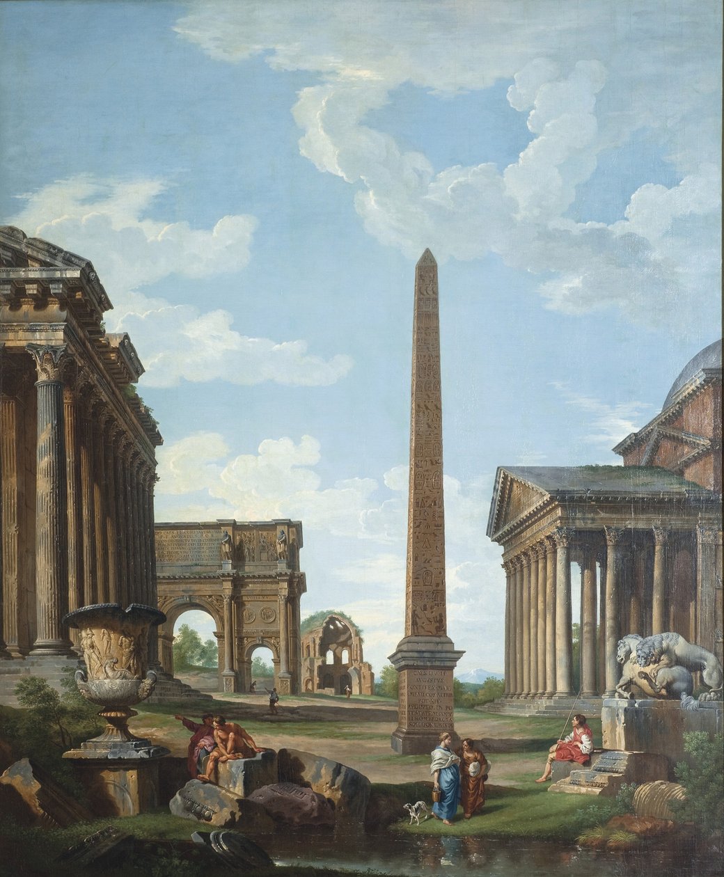 Capriccio, jossa on roomalaisia raunioita ja kohtaus Belisariuksen elämästä tekijältä Giovanni Paolo Pannini