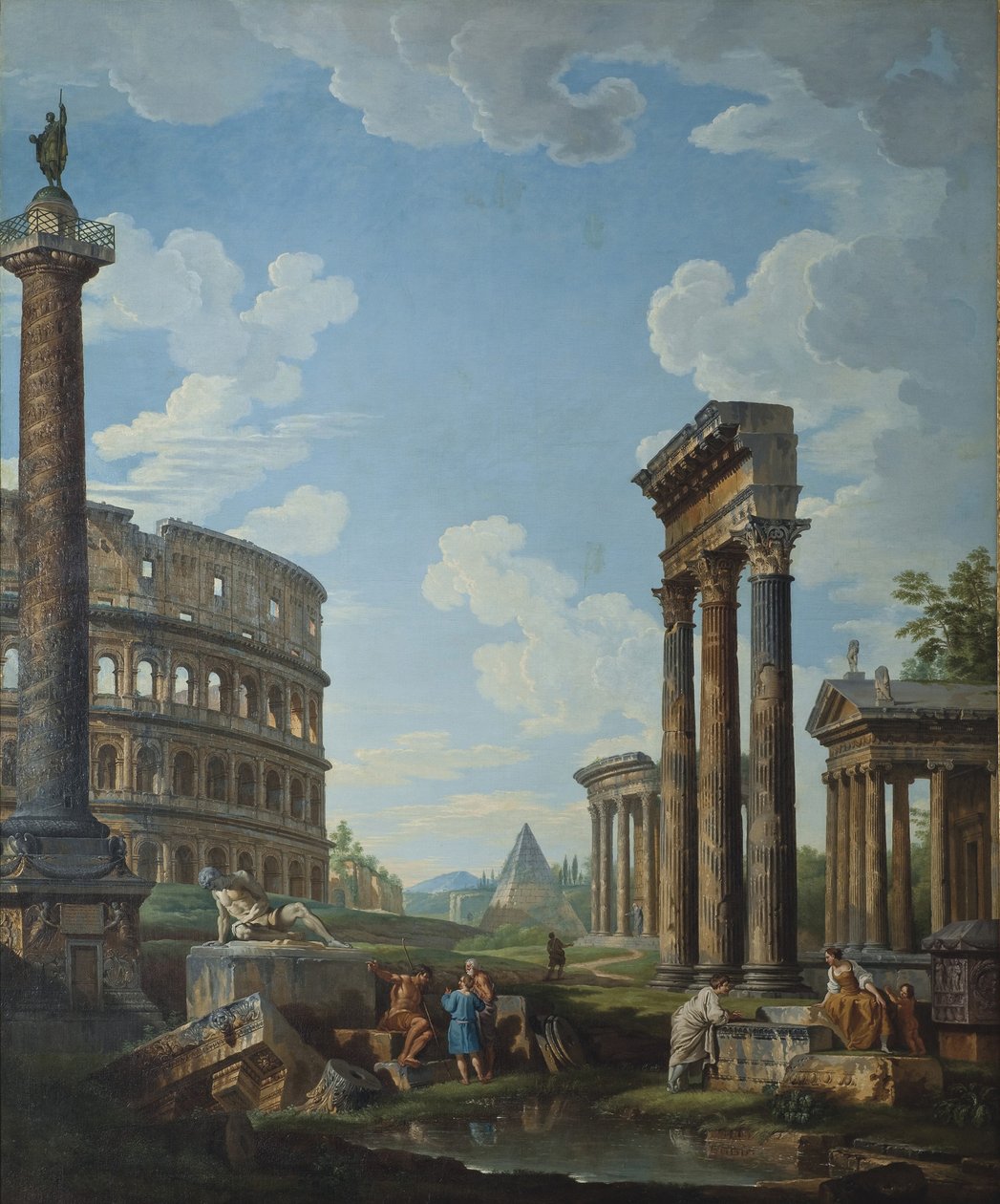 Capriccio, jossa on hahmoja roomalaisten raunioiden keskellä, mukaan lukien Konstantinuksen kaari ja Pantheon tekijältä Giovanni Paolo Pannini