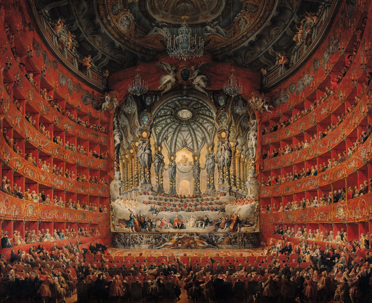 Cardinal de La Rochefoucauldin konsertti Argentina-teatterissa Roomassa Ludvig Dauphinin (1729-65) Ludvig XV:n pojan avioliitosta Marie-Josephelle Saksilaiselle (1731-67), 1747 (öljy kankaalle) tekijältä Giovanni Paolo Pannini