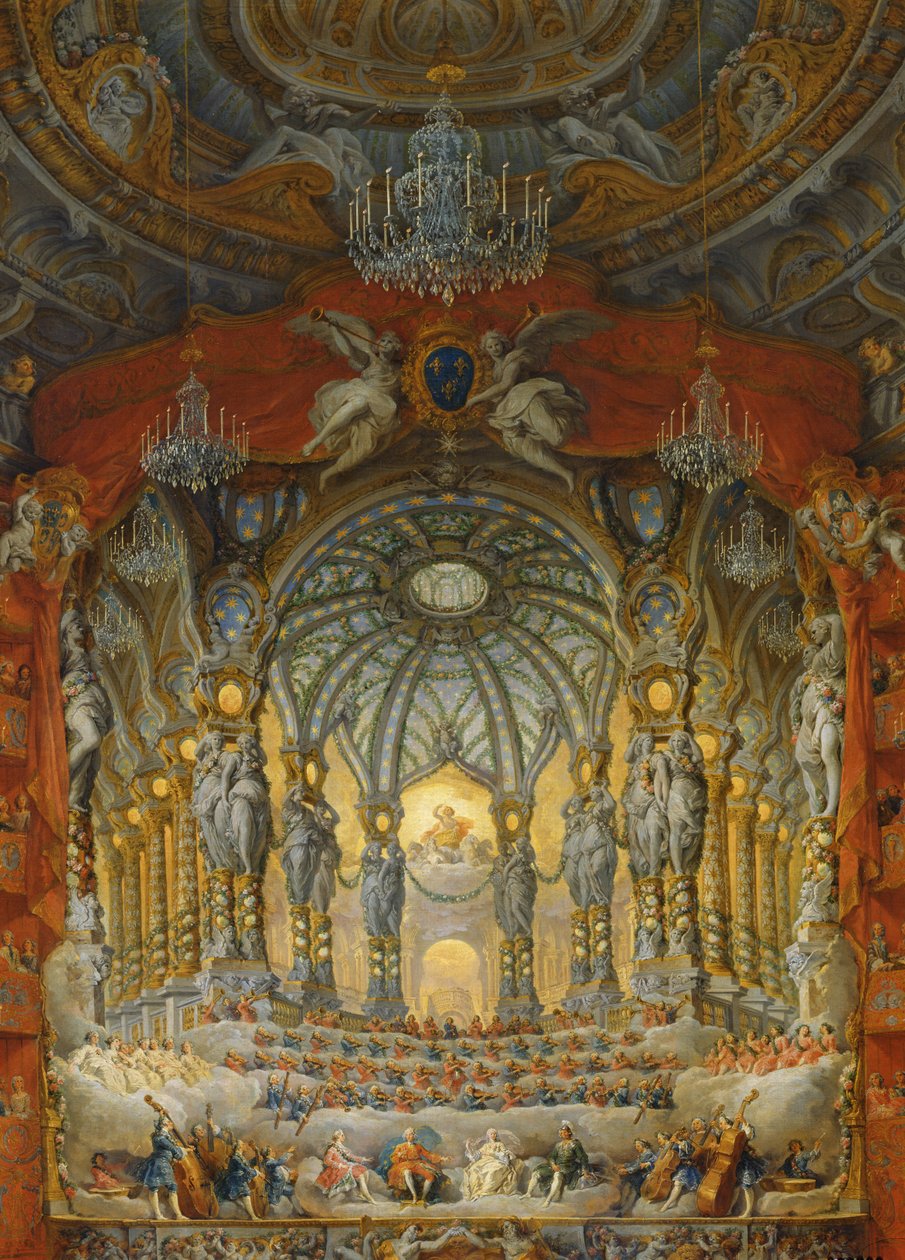 Cardinal de La Rochefoucauldin konsertti Argentina-teatterissa Roomassa Ludvig Dauphinin (1729-65) Ludvig XV:n pojan avioliitosta Marie-Josephelle Saksilaiselle (1731-67), 1747 (öljy kankaalle) tekijältä Giovanni Paolo Pannini