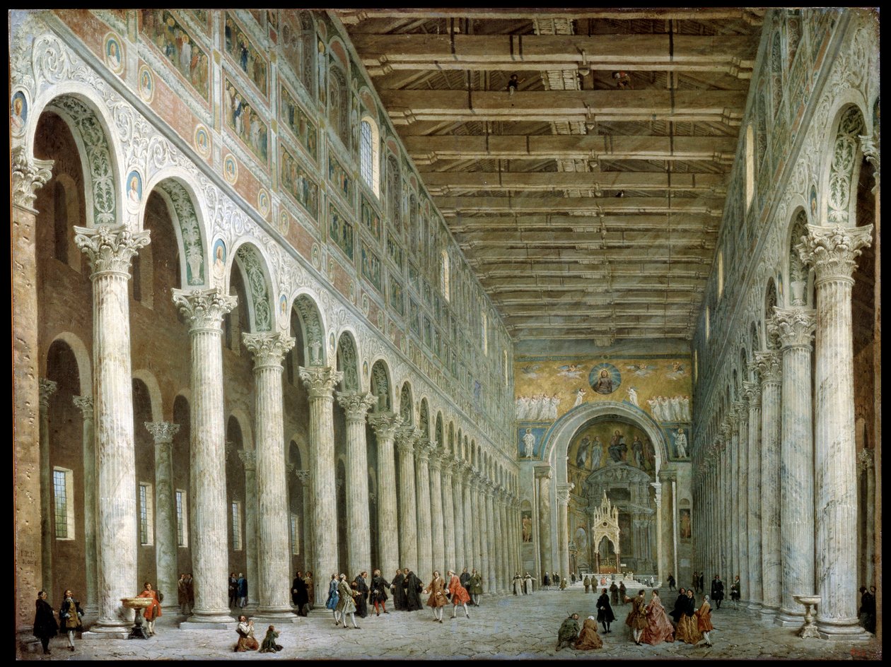Pyhän Paavalin basilikan sisätilat muurien ulkopuolella Roomassa, n. 1750 tekijältä Giovanni Paolo Pannini