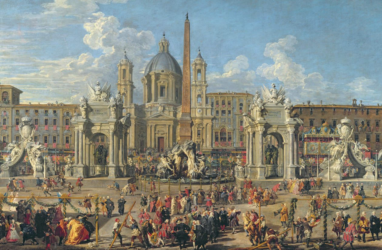 Valmistautuminen ilotulitusnäytökseen, joka pidettiin Piazza Navonalla Roomassa Dauphinin syntymän kunniaksi vuonna 1729 (91023:n yksityiskohta) tekijältä Giovanni Paolo Pannini