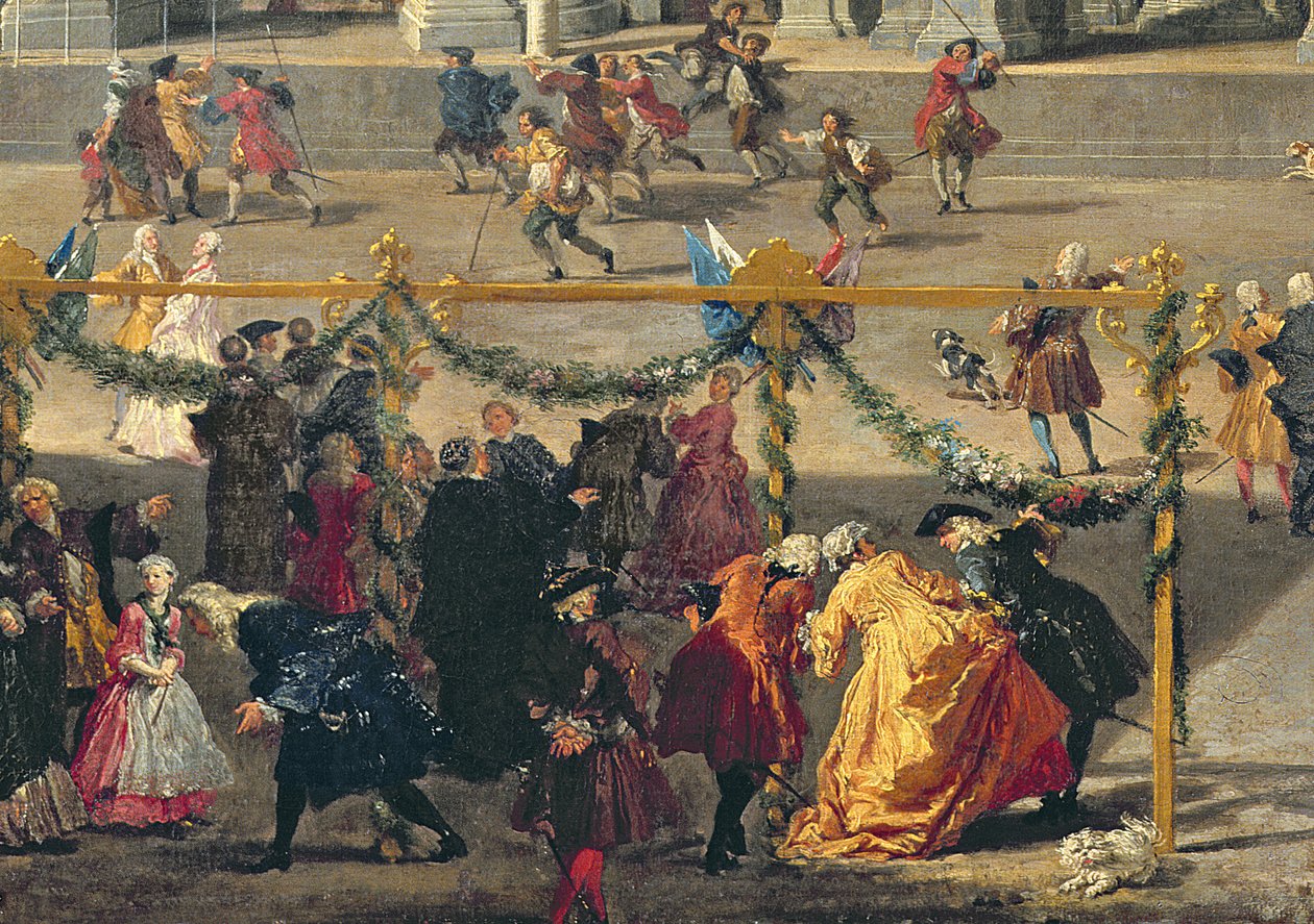 Valmistautuminen ilotulitusnäytökseen, joka pidettiin Piazza Navonalla Roomassa Dauphinin syntymän kunniaksi vuonna 1729 (91023:n yksityiskohta) tekijältä Giovanni Paolo Pannini