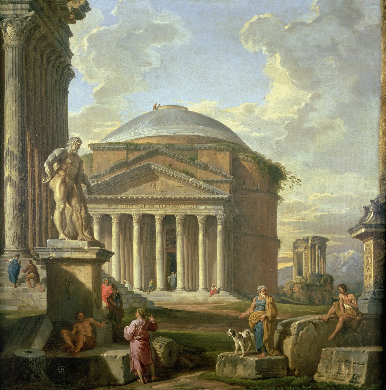 Näkymä Pantheonille, Farnese Herculesille ja muille roomalaisille raunioille tekijältä Giovanni Paolo Pannini